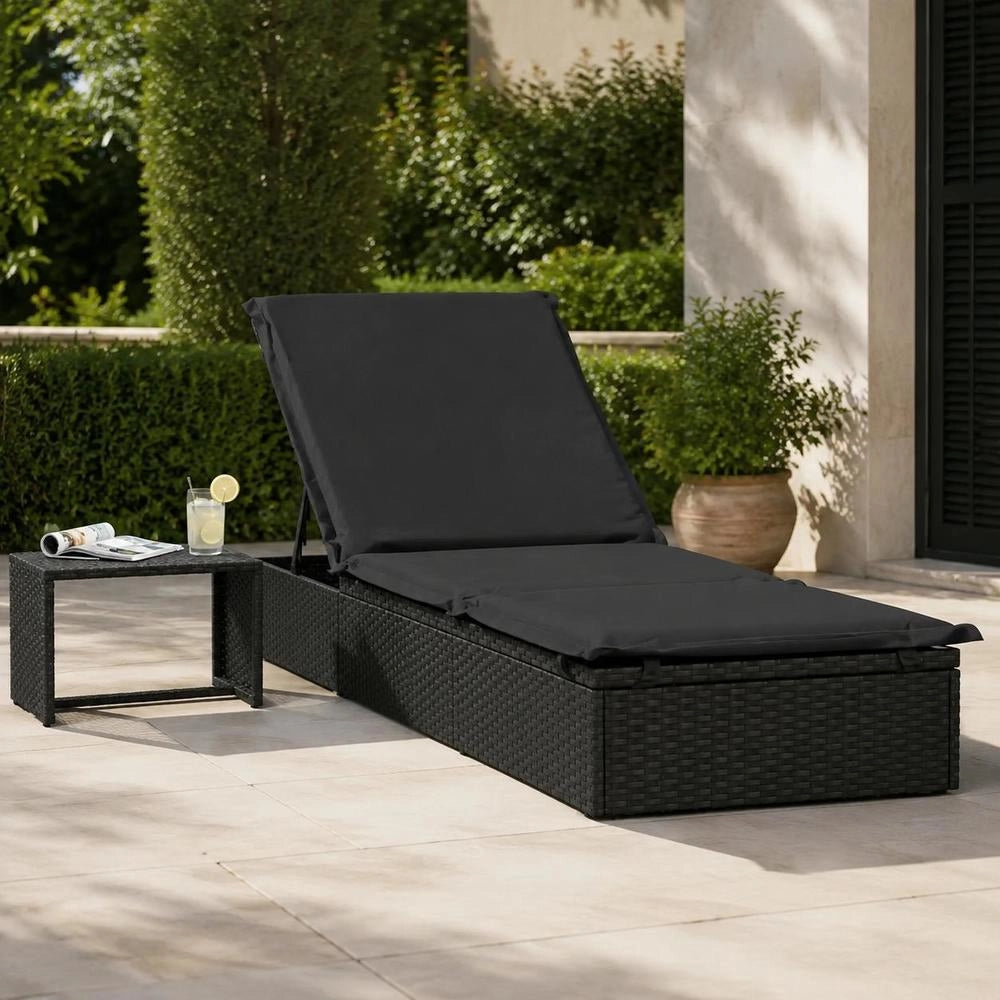 Sun Lounger (1 Pc.) With Table, Black Poly Rattan
