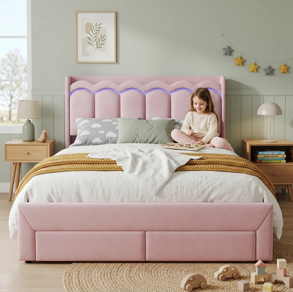 Letto imbottito per bambini 140x200 cm rosa con 2 cassetti, testata ondulata e illuminazione LED controllata via app