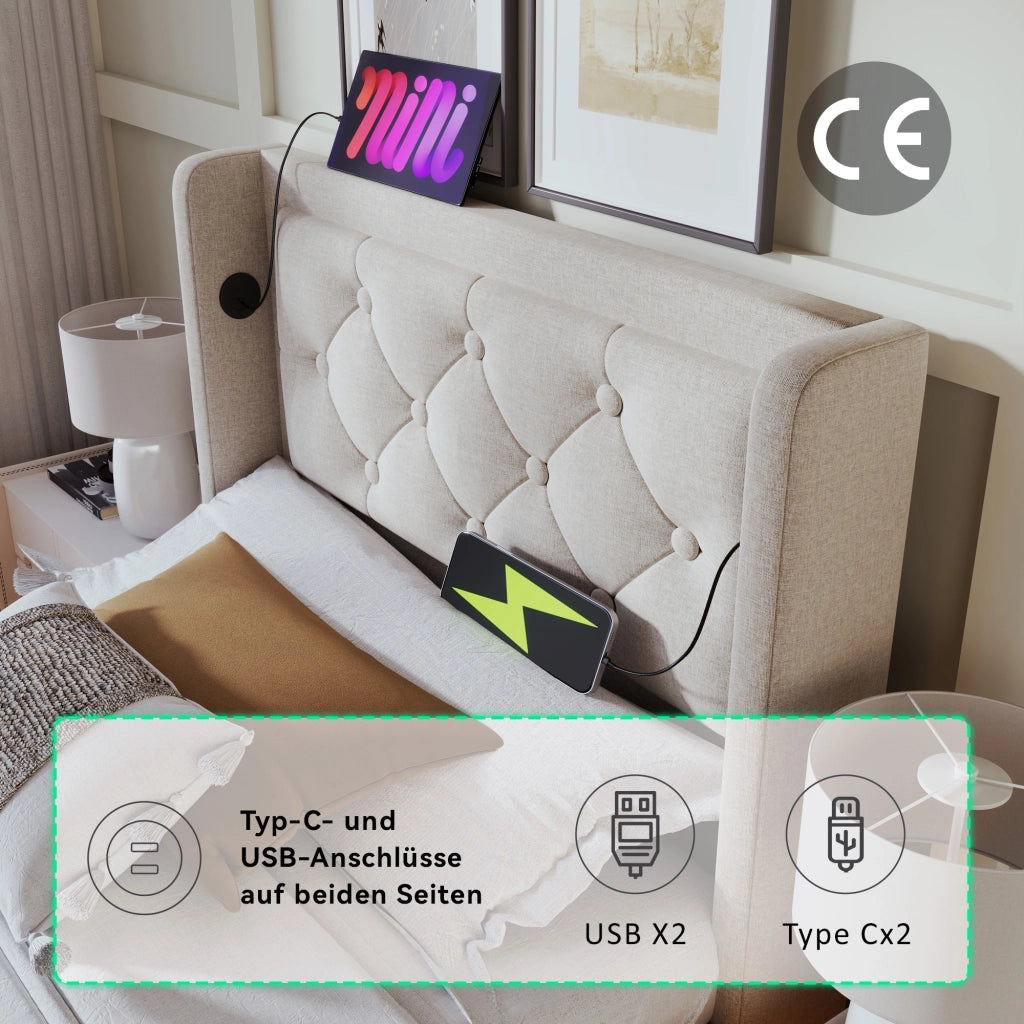 Letto contenitore 90 × 200 cm imbottito in cotone beige con testiera USB Type-C e LED su tre lati