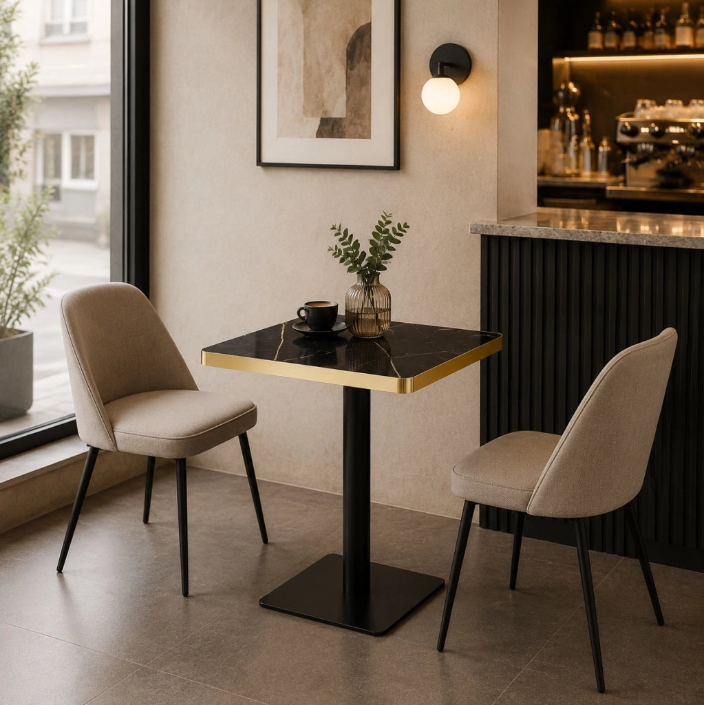 Tavolo quadrato 60x60 cm effetto marmo nero con bordo dorato e base in metallo