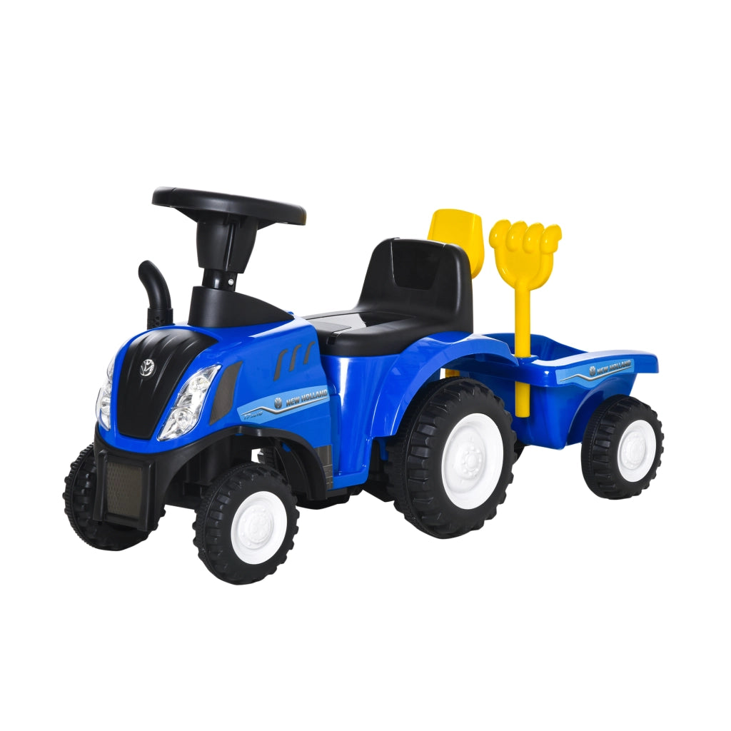 Trattore per Bambini Cavalcabile con Rimorchio, Rastrello e Pala, Gioco Educativo per Bimbi 12-36 Mesi, 91x29x44cm, Blu