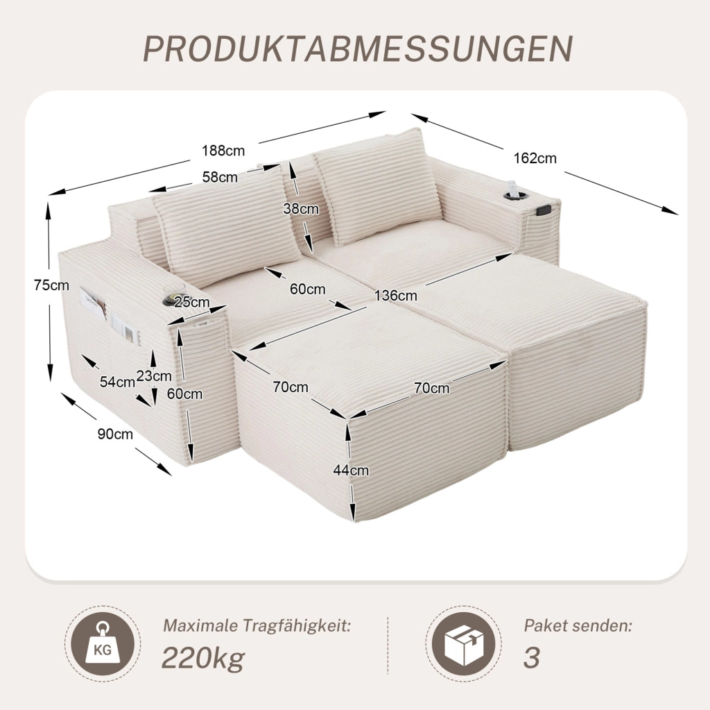 Divano modulare in velluto a coste beige con portabevande e tasche