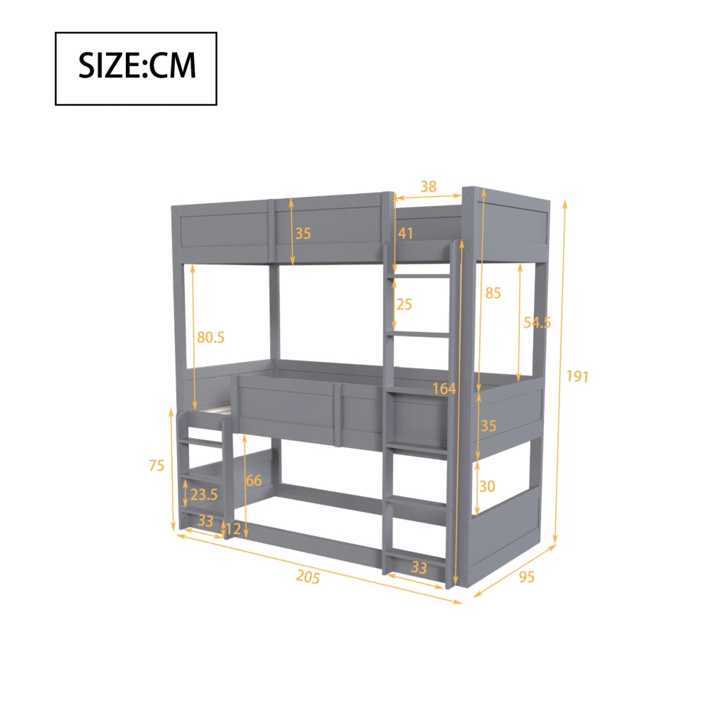 Letto a castello triplo in legno massiccio 90x200 cm con sponde alte, colore grigio