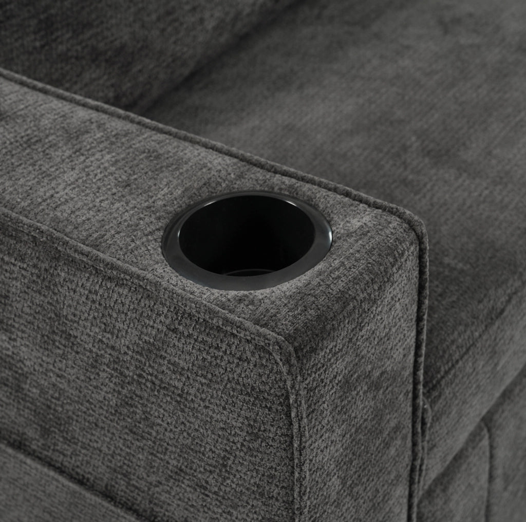 Divano letto multifunzionale 2 posti in tessuto chenille con schienale regolabile, porta bevande e porta USB, grigio
