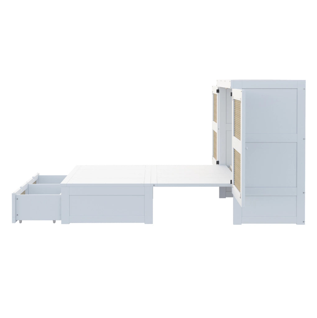 Letto a scomparsa verticale 140x200 cm con cassetti e ante effetto rattan; bianco