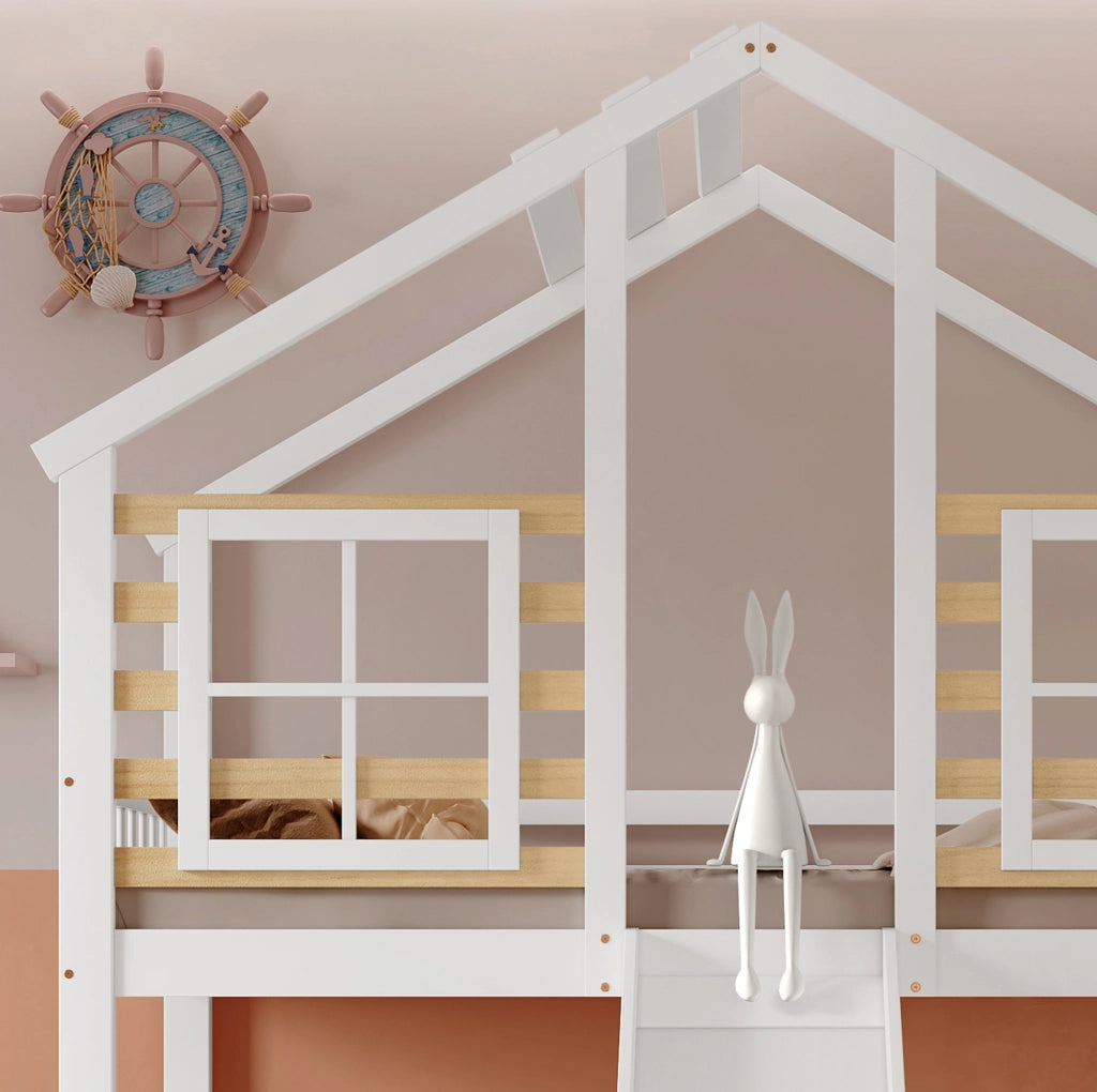 Letto a Castello in Legno Massello Bianco con Scivolo, Finestra e Protezioni di Sicurezza, 90x200 cm