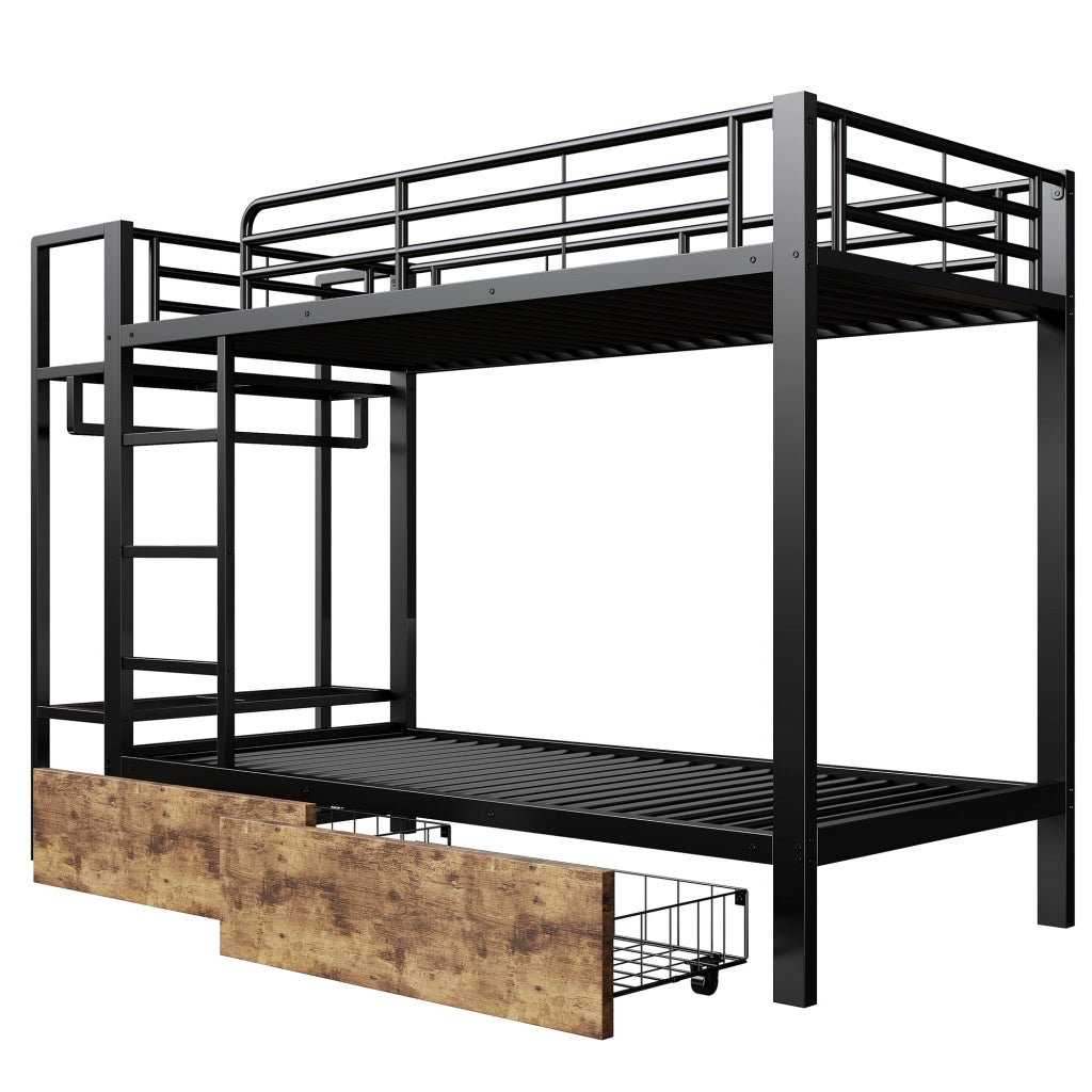 Letto a castello 90x200 cm in metallo e MDF nero con LED; cassetti e mensole