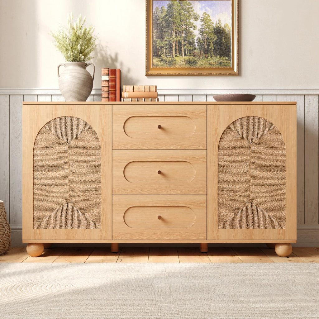 Credenza con due ante e tre cassetti 140 x 40 x 80 cm; intreccio di corda; MDF e truciolare; naturale