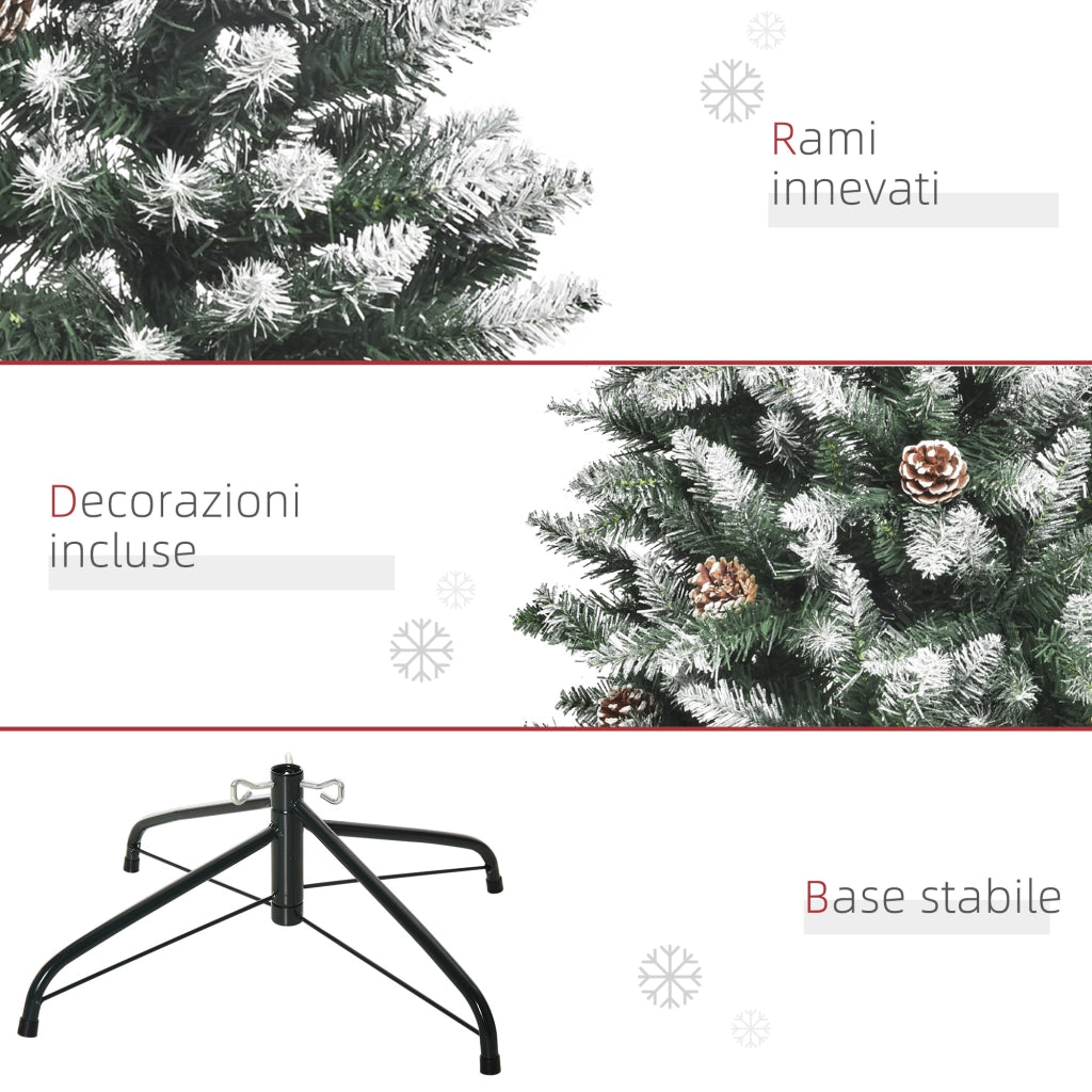 Albero di Natale Innevato 150 cm in Plastica e Metallo Verde e Bianco con 464 Rami e 28 Pigne Facile da Montare Robusto per Casa
