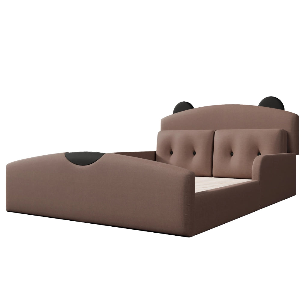 Letto imbottito 140x200 cm con testiera a orsetto e 2 cuscini; rivestimento in lino color caffè HOMVRA