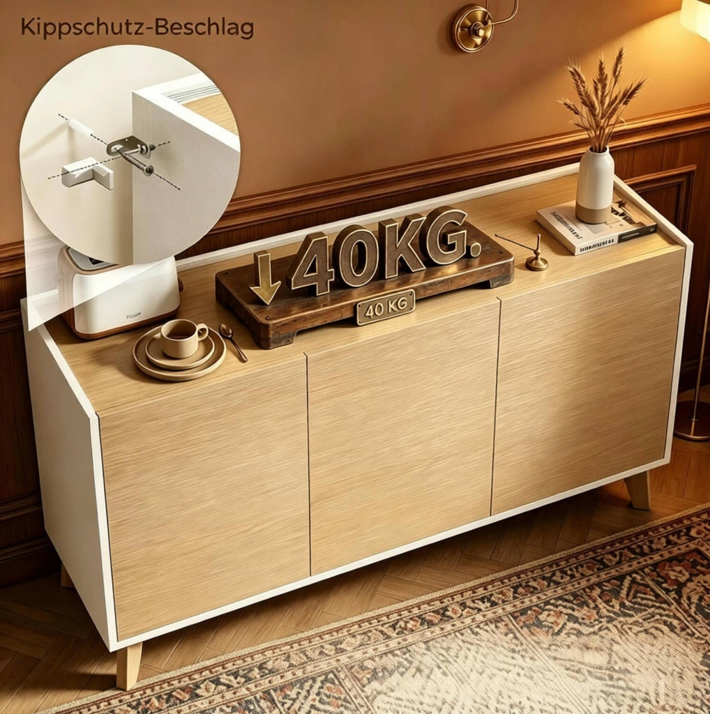 Buffet nordico con 3 porte e 6 scomparti, 120 x 35 x 73,5 cm, bianco e legno naturale