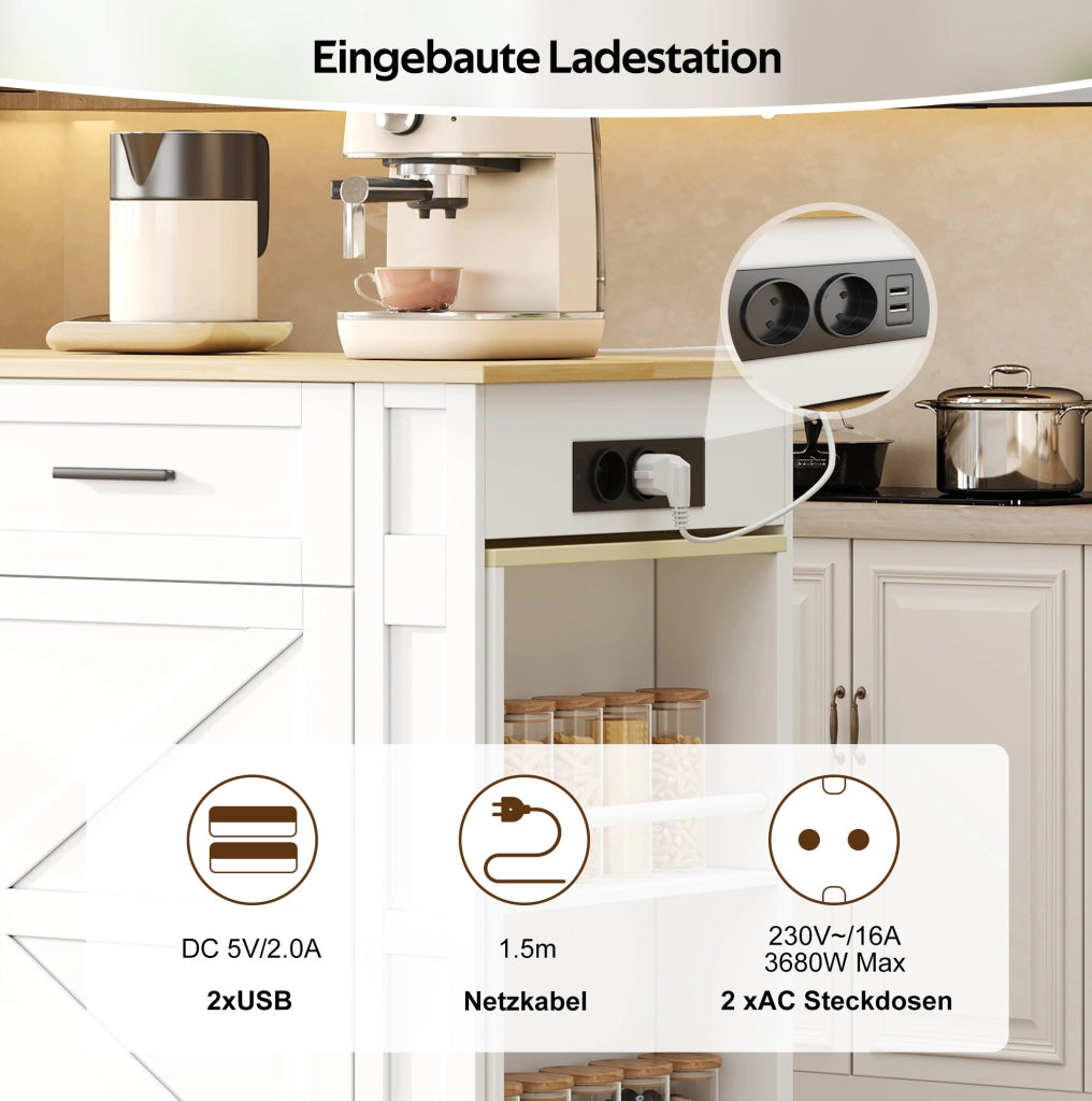 Isola da cucina mobile con piano estraibile 130(205)x50x93 cm; MDF; bianco/naturale