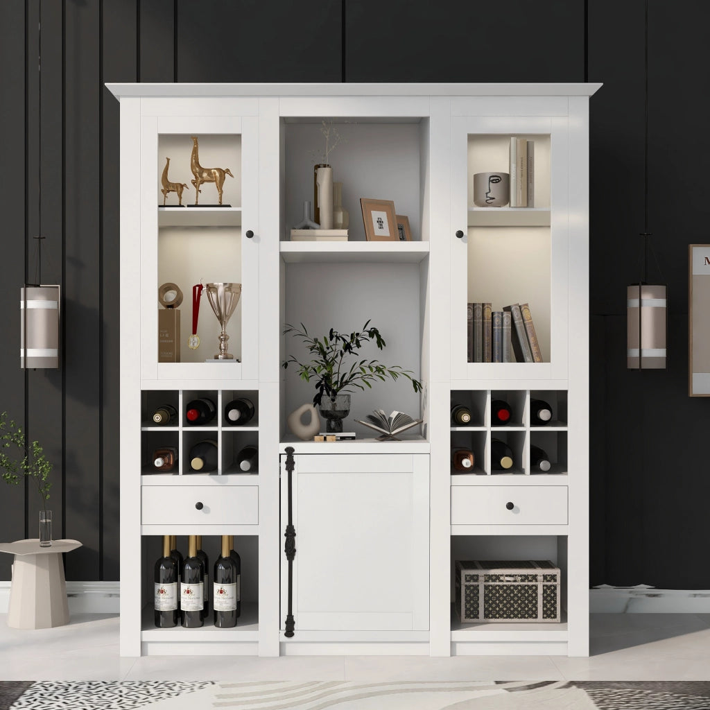 Vetrina ULEVR 143x45,5x170 cm con LED a 16 colori, 2 ante trasparenti, cassetti e vani portaoggetti, bianca