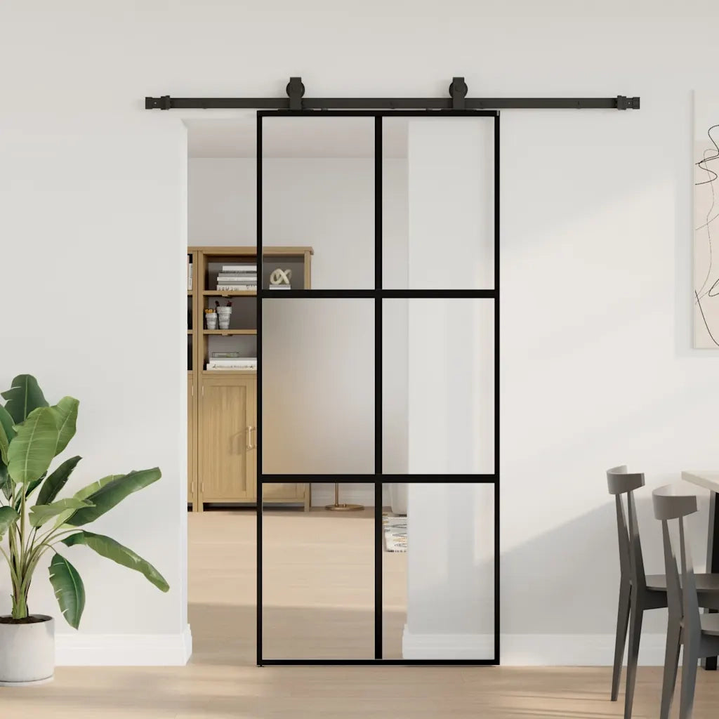 Porta Scorrevole Set Ferramenta Nera 90x205 cm Vetro Temperato 3375824