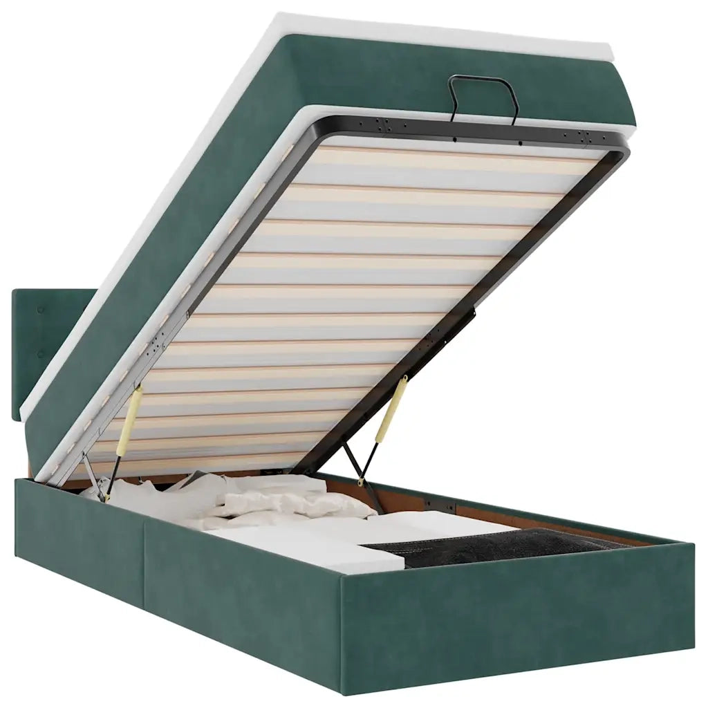 Pouf Letto con Materasso e LED Verde Scuro 90x200cm in Velluto