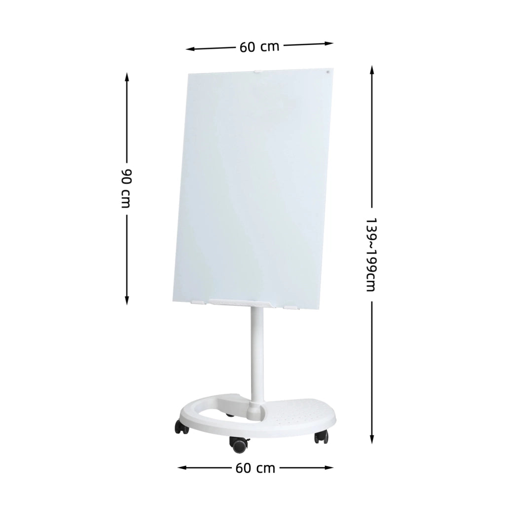 Lavagna Magnetica con Vetro Temperato 90x60 cm con Altezza e Inclinazione Regolabili, Base ABS con Ruote Bloccabili, Bianco