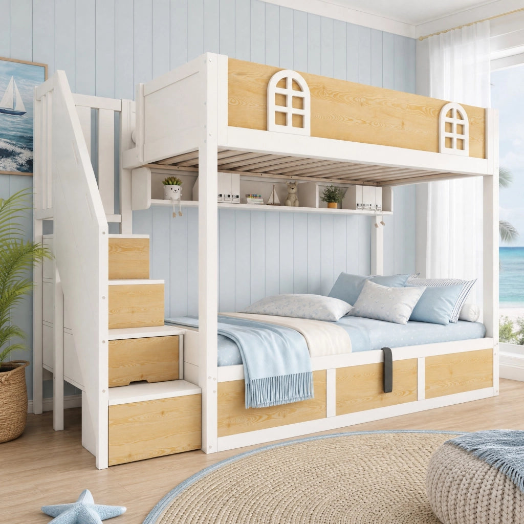 Letto a castello due posti 90 × 200 cm con scala contenitore e vano sollevabile in legno e metallo bianco naturale
