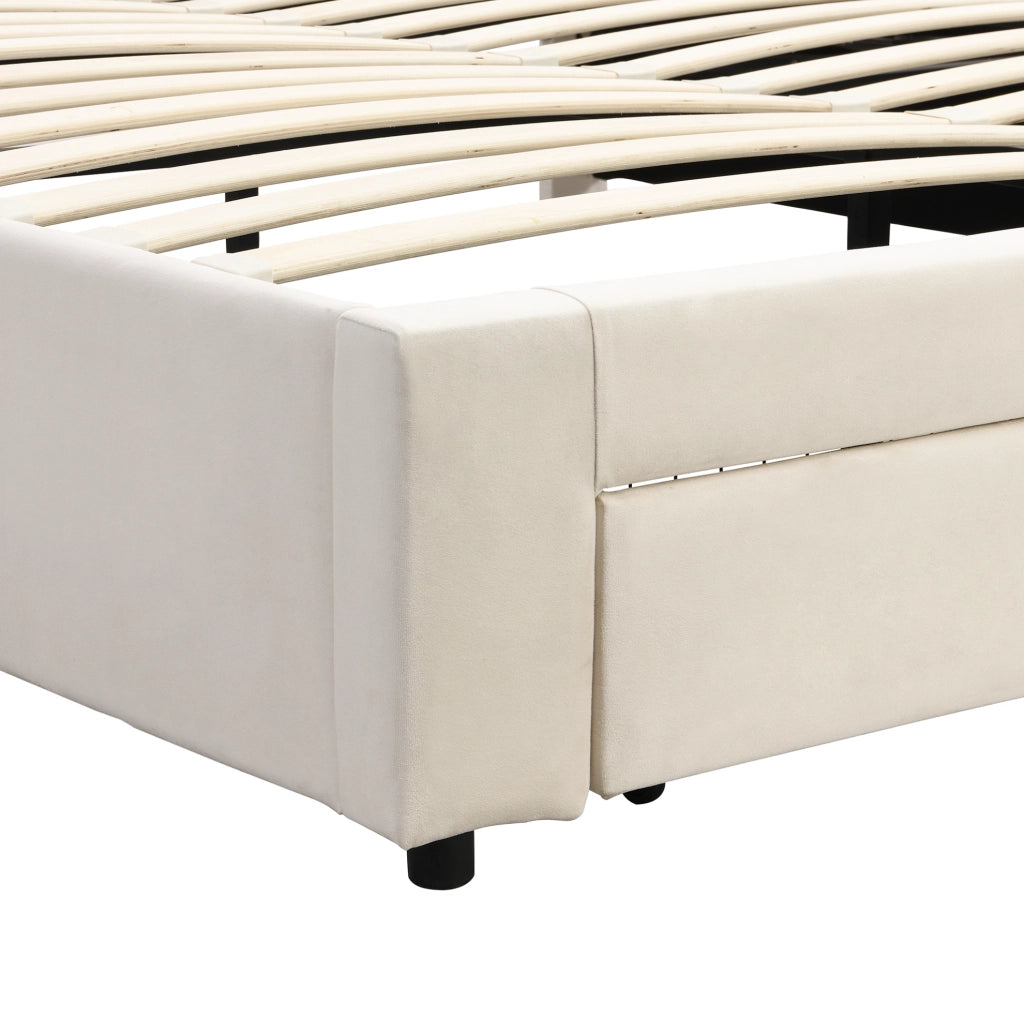 Letto matrimoniale imbottito in velluto beige 180x200 cm con contenitore e cassetti YEAVIO