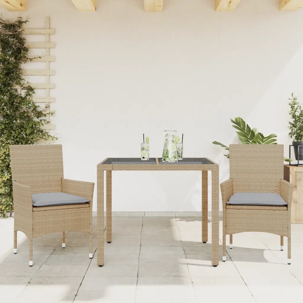 Set da Pranzo da Giardino 3 pz | Set Salotto da Giardino con Cuscini Polyrattan e Vetro