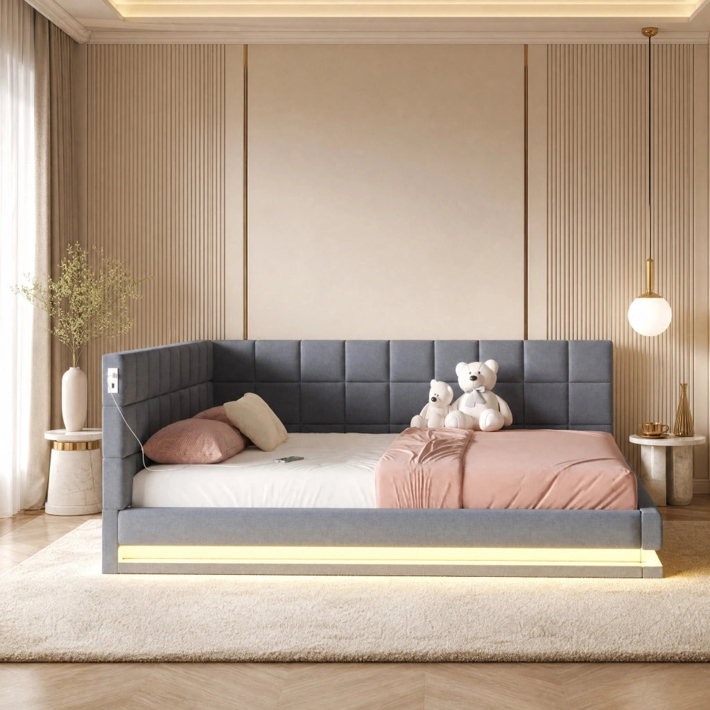 Divano letto imbottito 160x200 con LED, USB e rete a doghe