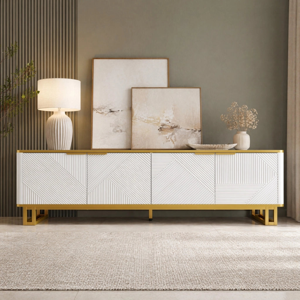MOBILE TV 160x37,5x48 cm MDF Bianco con 4 ante e struttura in ferro