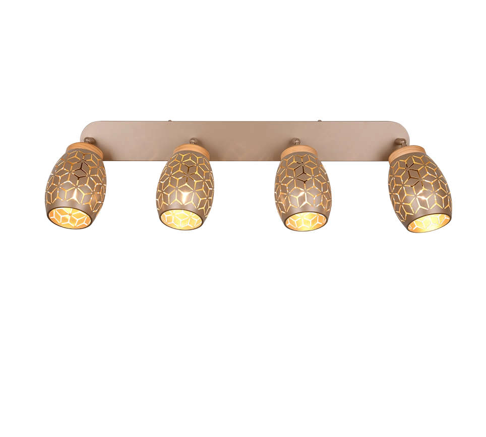 Barra 4 spots, metallo, caffè e legno, L 74 cm, Bidar