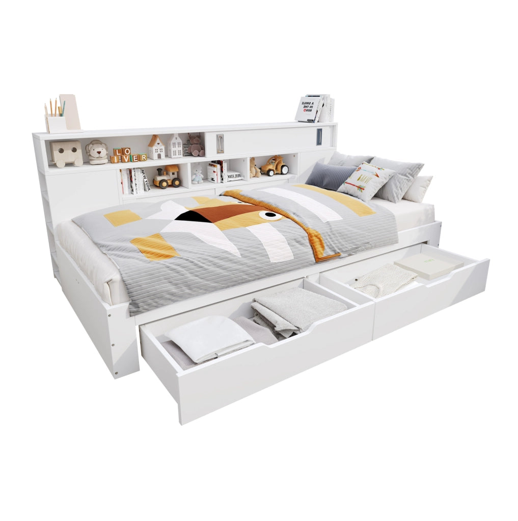 Letto multifunzione con cassetti e contenitori, 140x190 cm, bianco