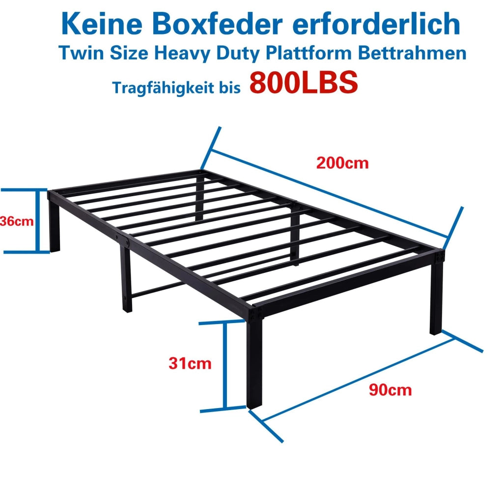 Letto singolo 90 x 200 cm in metallo nero con doghe in acciaio e spazio sottostante
