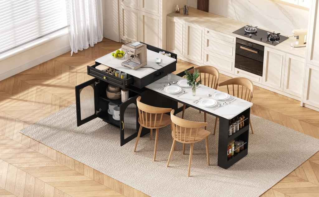 Isola Cucina Mobile con Ruote 128-200x71x92 cm; Tavolo Estensibile con LED; Prese Elettriche; Vetrine e Cassetto; Nero