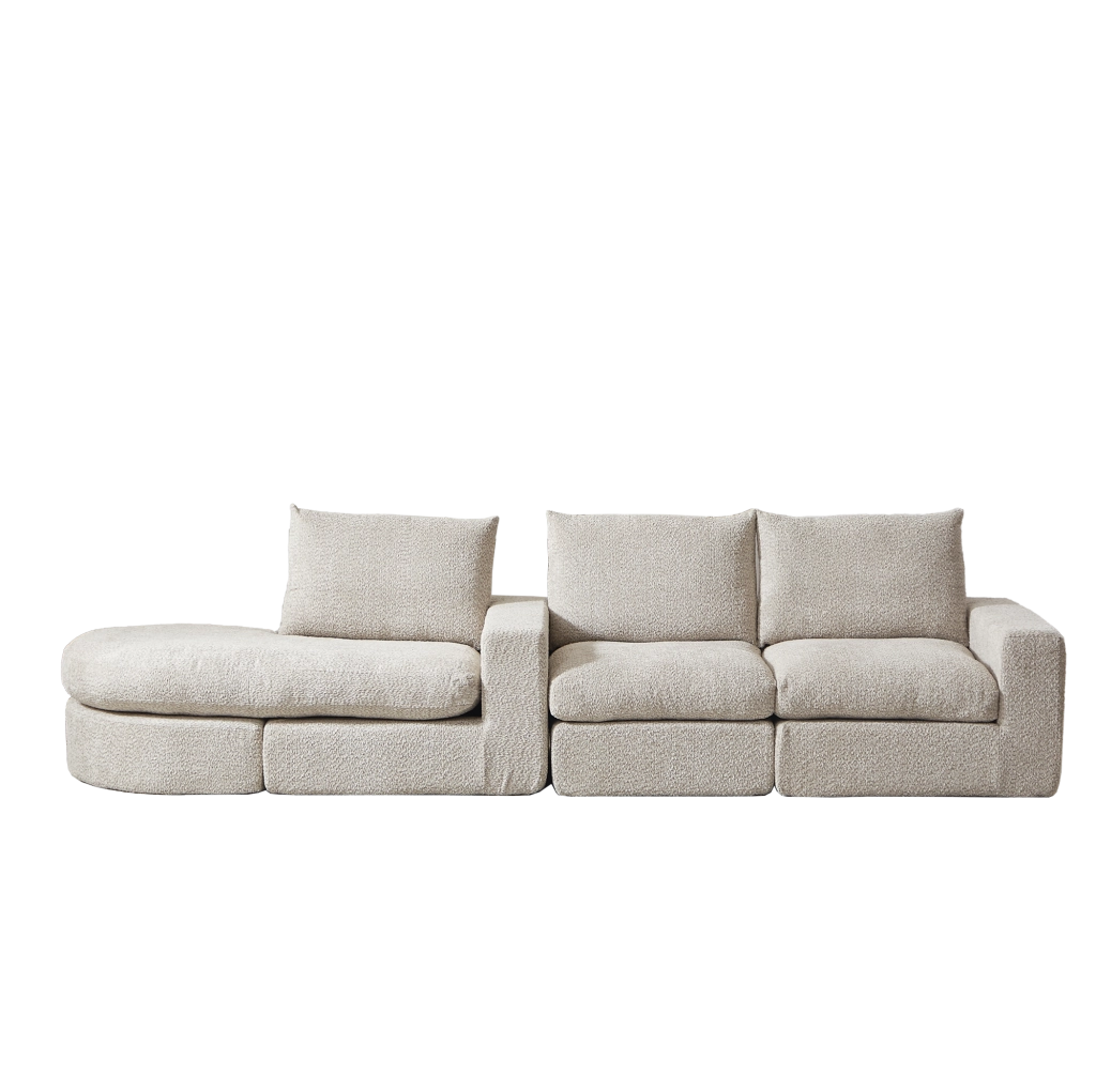 Divano modulare Chenille con chaise longue reversibile e supporto in ferro, schiuma ad alta densità, senza telaio