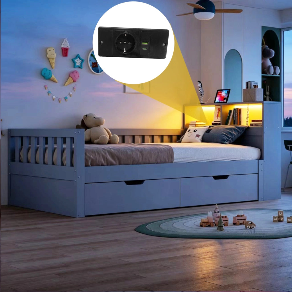 Letto singolo 90x200 cm grigio con cassetti; vani portaoggetti; sponde; LED e presa