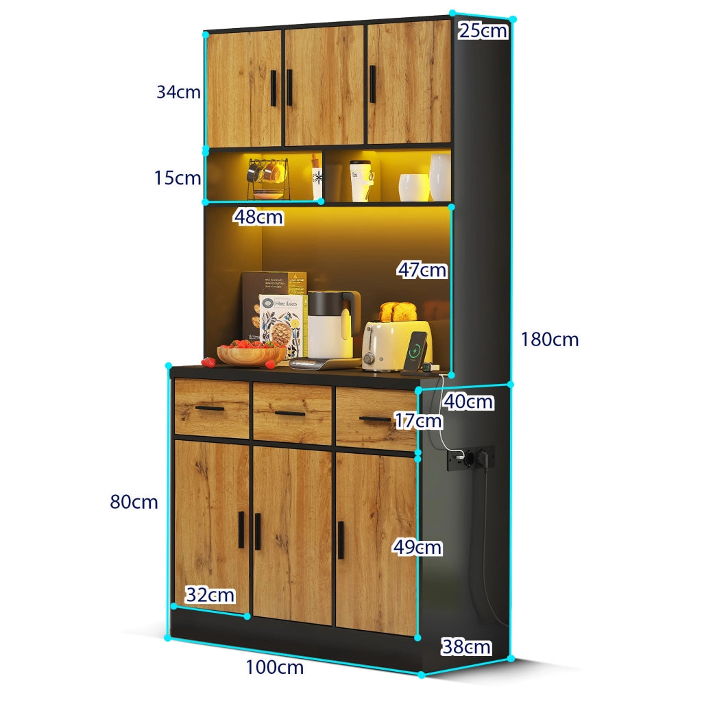 Credenza da cucina alta con LED; 100 x 40 x 180 cm; 6 ante e 3 cassetti; MDF e pannello truciolare; nero e naturale