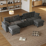 Divano a U in velluto a coste grigio 315 cm 4 posti con due pouf