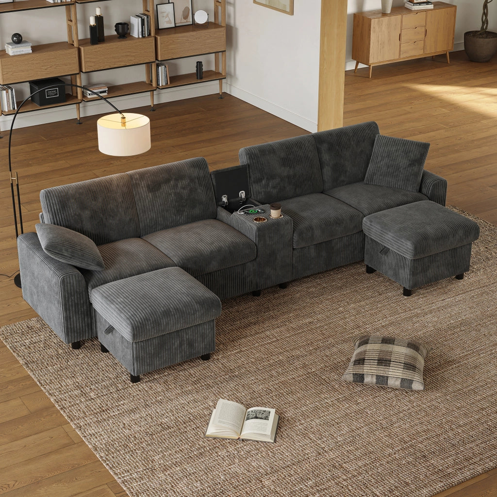 Divano a U in velluto a coste grigio 315 cm 4 posti con due pouf