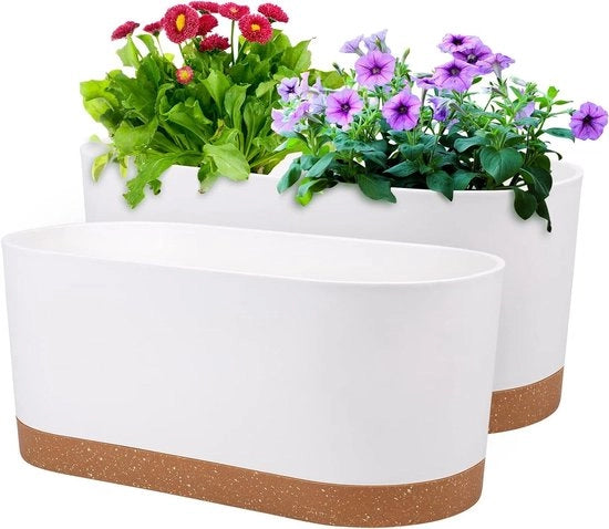 Due vasi autoirriganti per finestra 16"x7" con fori di drenaggio e piatti - Bianco