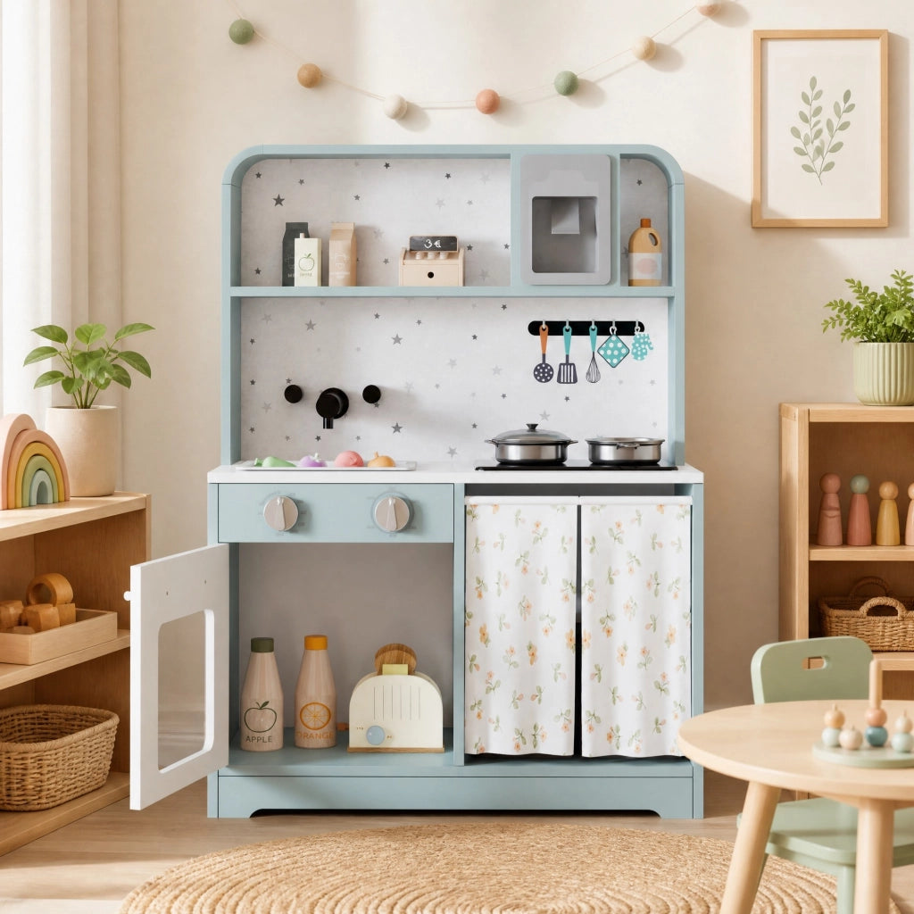 Cucina giocattolo per bambini con erogatore di ghiaccio; microonde e accessori; blu; 29 × 60 × 81 cm