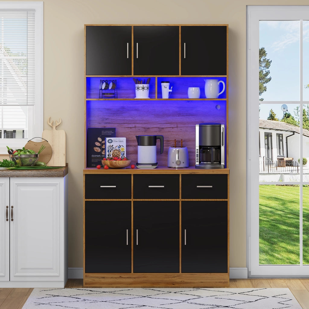 Credenza da cucina alta LED con 6 ante, 3 cassetti e prese USB, per cucina, MDF naturale e nero, 100 × 40 × 180 cm