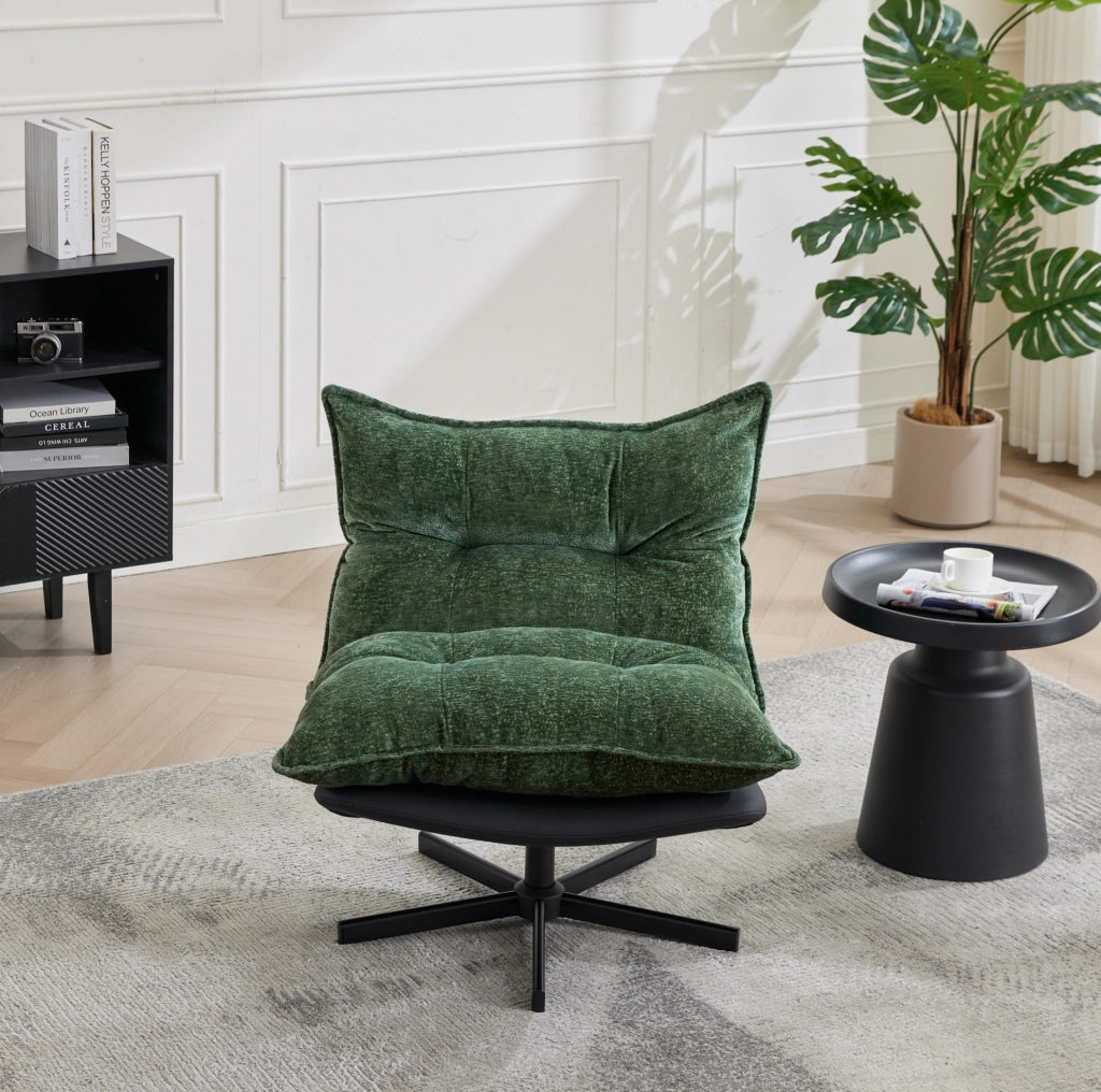 Poltrona relax girevole verde con 3 posizioni schienale, base in metallo nero e rivestimento in chenille e ecopelle