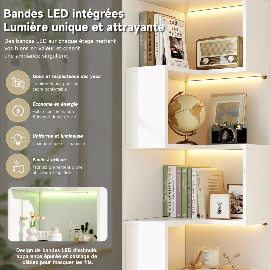 Scaffale angolare freestanding 165 cm con LED; 4 ripiani e 2 cassetti; bianco