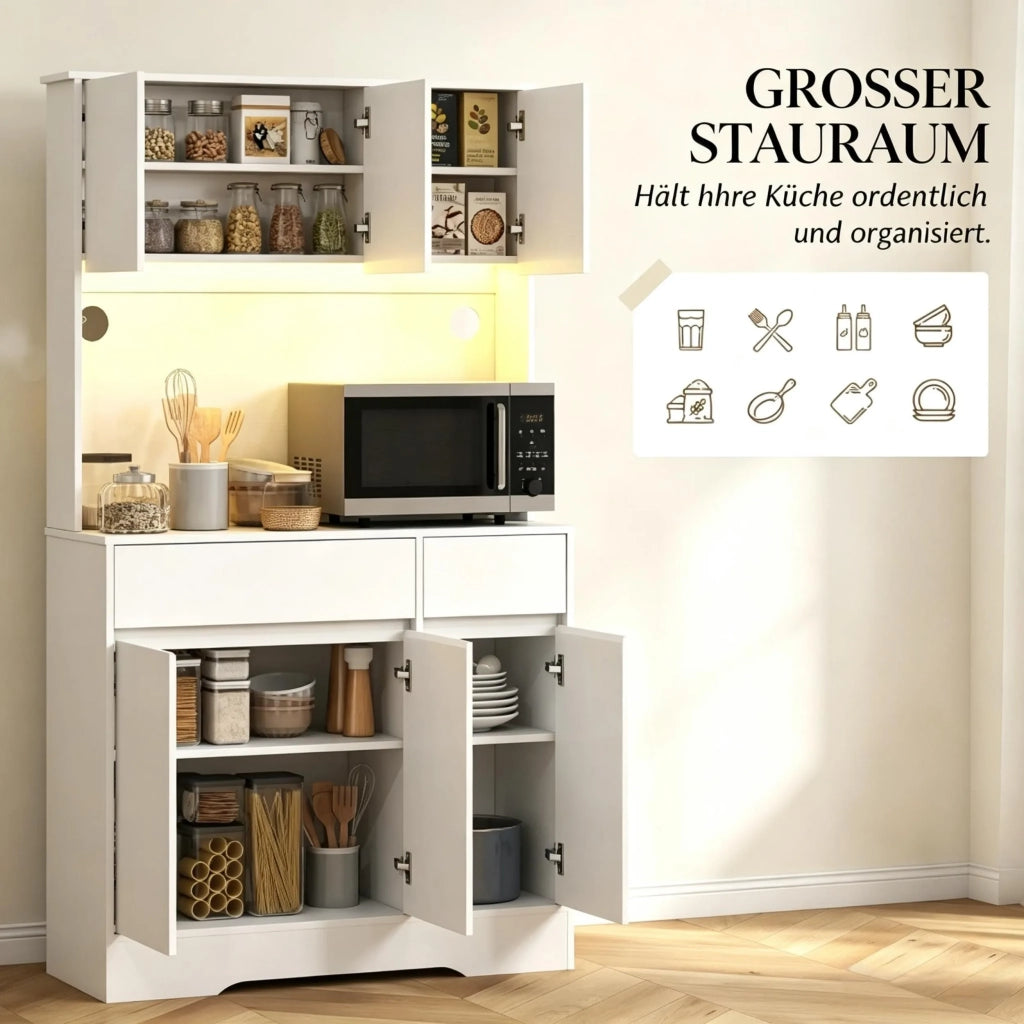 Alta credenza da cucina con illuminazione LED RGB, piano di lavoro, 6 ante e 2 cassetti, mobile contenitore per la cucina