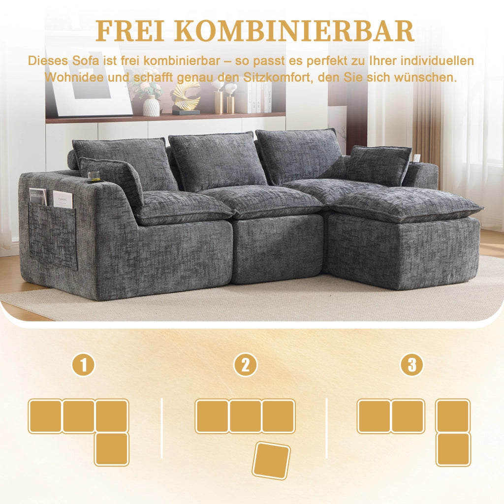 Divano modulare a 3 posti in ciniglia grigio scuro con pouf cuscini e tasche laterali 256 × 161 × 75 cm