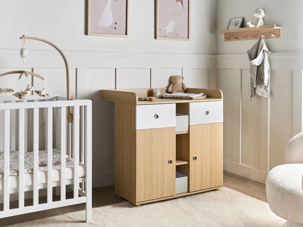 Fasciatoio con ripiani e cassetti in truciolato gambe in legno di pino contenitore per cameretta, marrone chiaro stile moderno