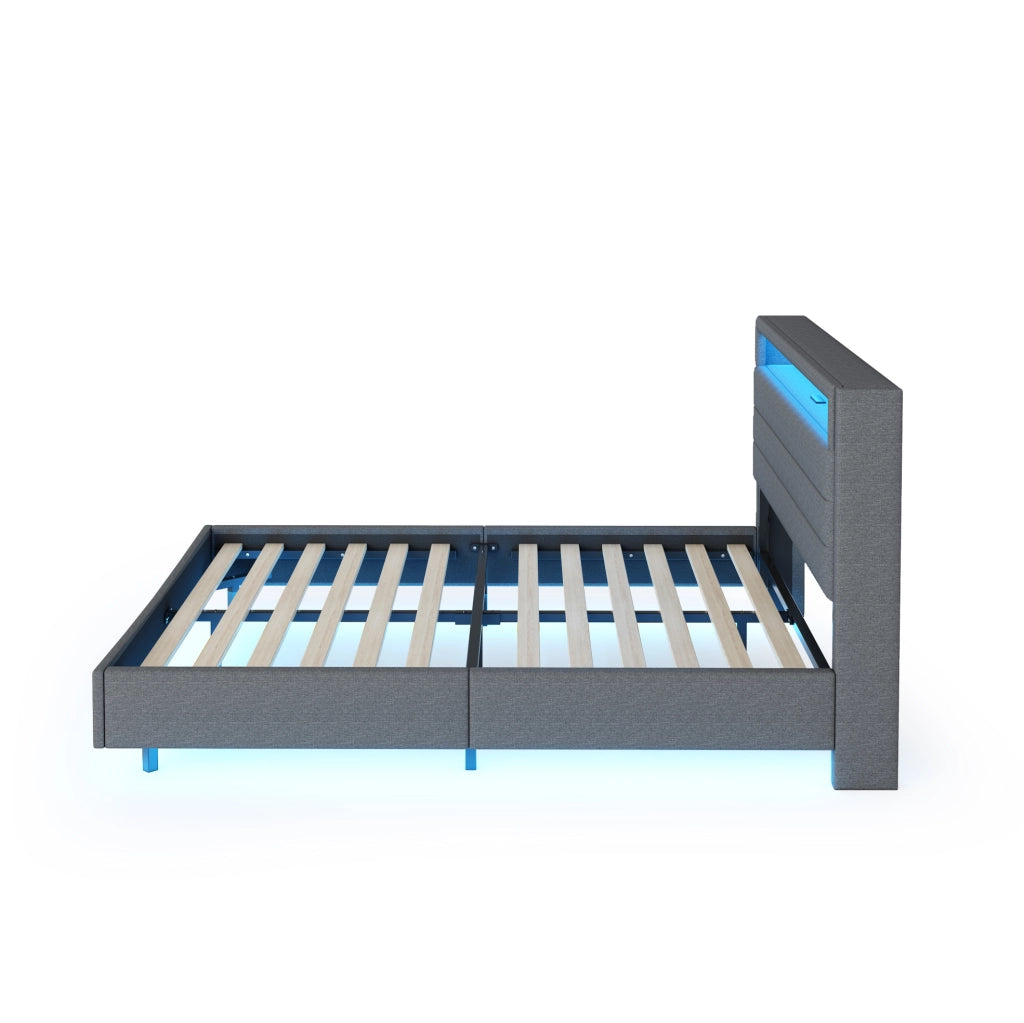 Letto matrimoniale imbottito 140x200 cm con USB e LED multicolore in lino grigio