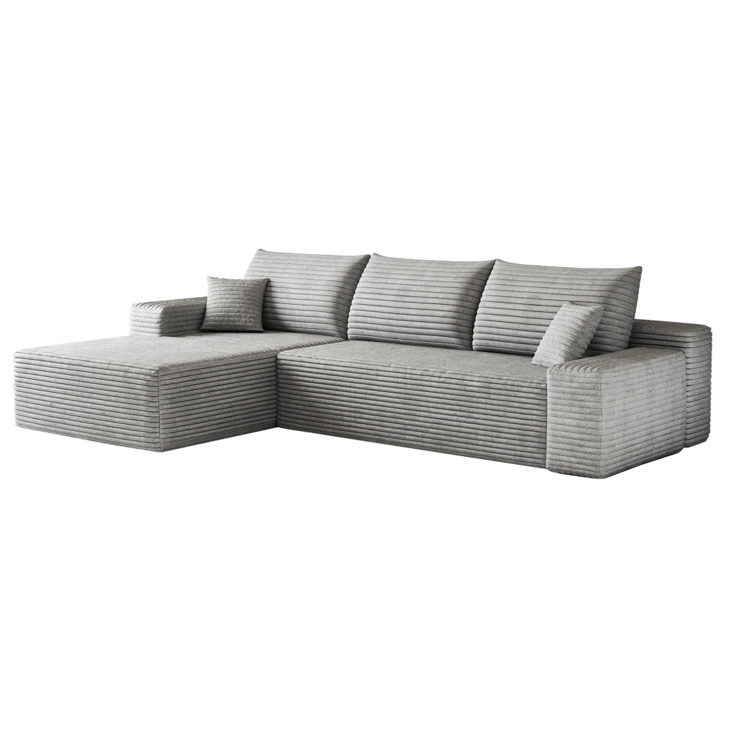 Divano modulare angolare 270 cm con chaise longue a L, tessuto in velluto a coste grigio, senza montaggio richiesto