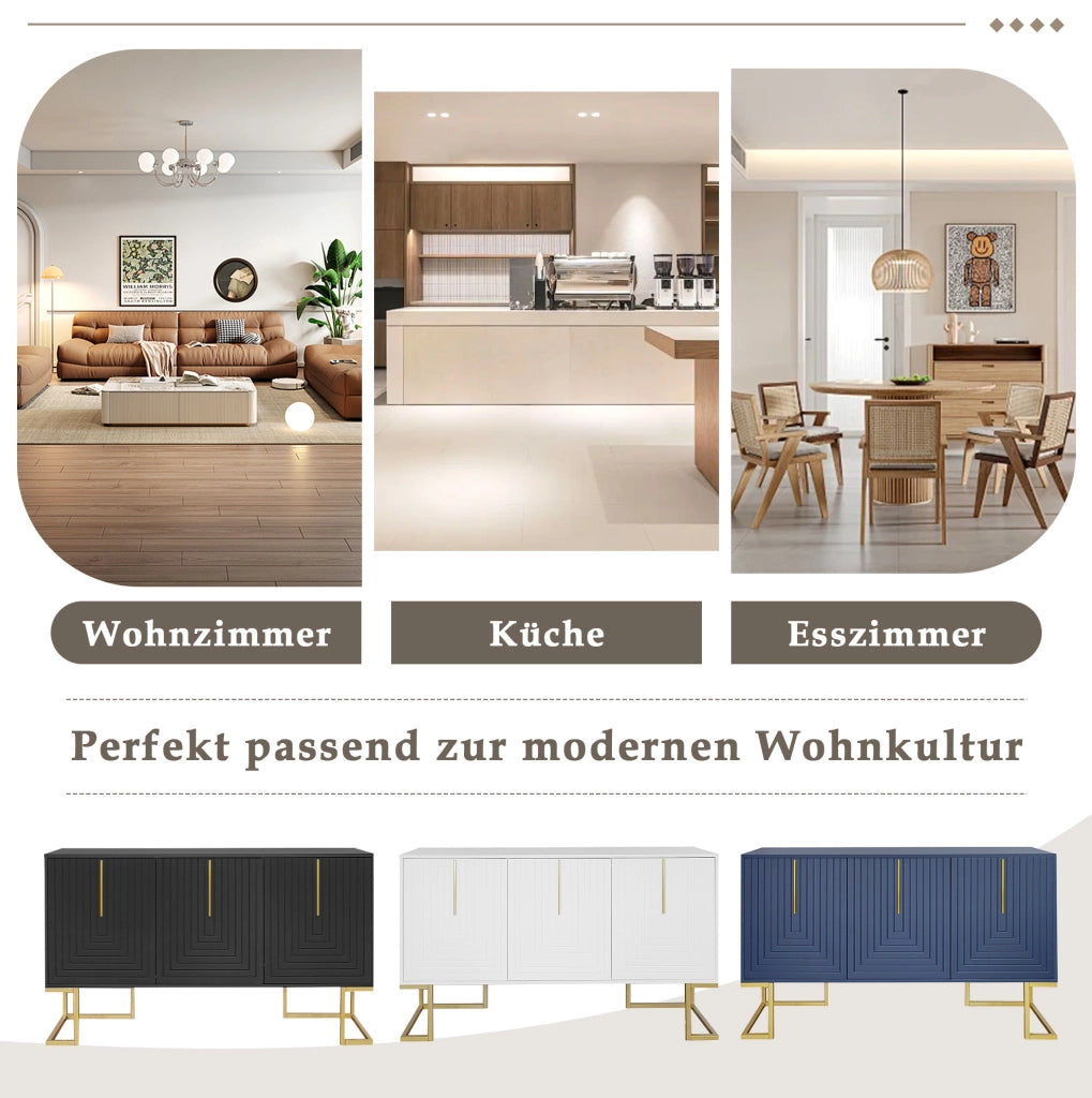 Credenza moderna 3 ante blu navy con ripiani regolabili; maniglie dorate e base in metallo