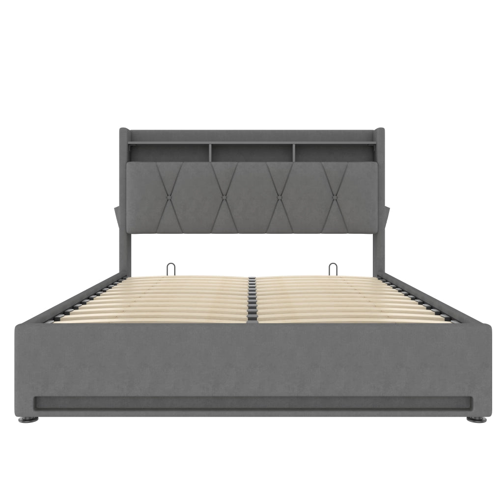 Letto matrimoniale contenitore 160x200 in velluto grigio scuro con luci LED e prese USB
