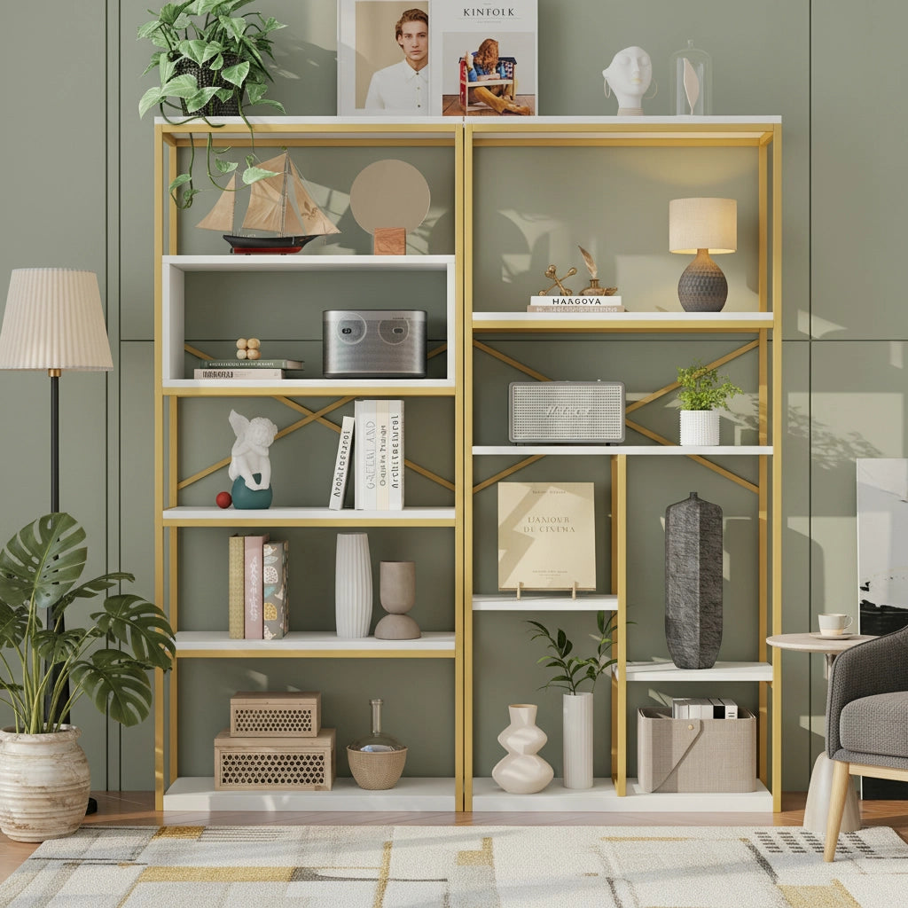 LIBRERIA Multilivello 160x29,5x180 cm MDF e Metallo Bianco e Oro