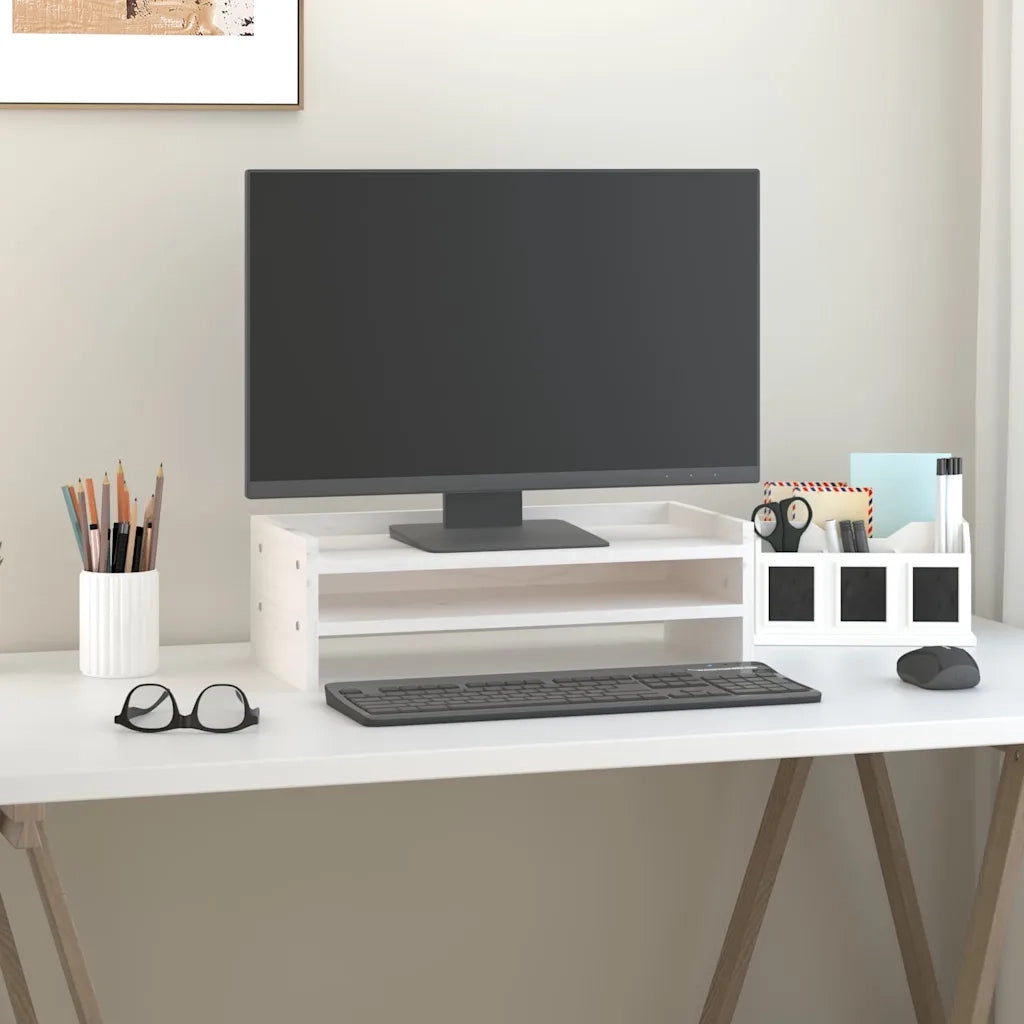 Supporto per Monitor Bianco 50x24x16 cm Legno Massello di Pino 813985