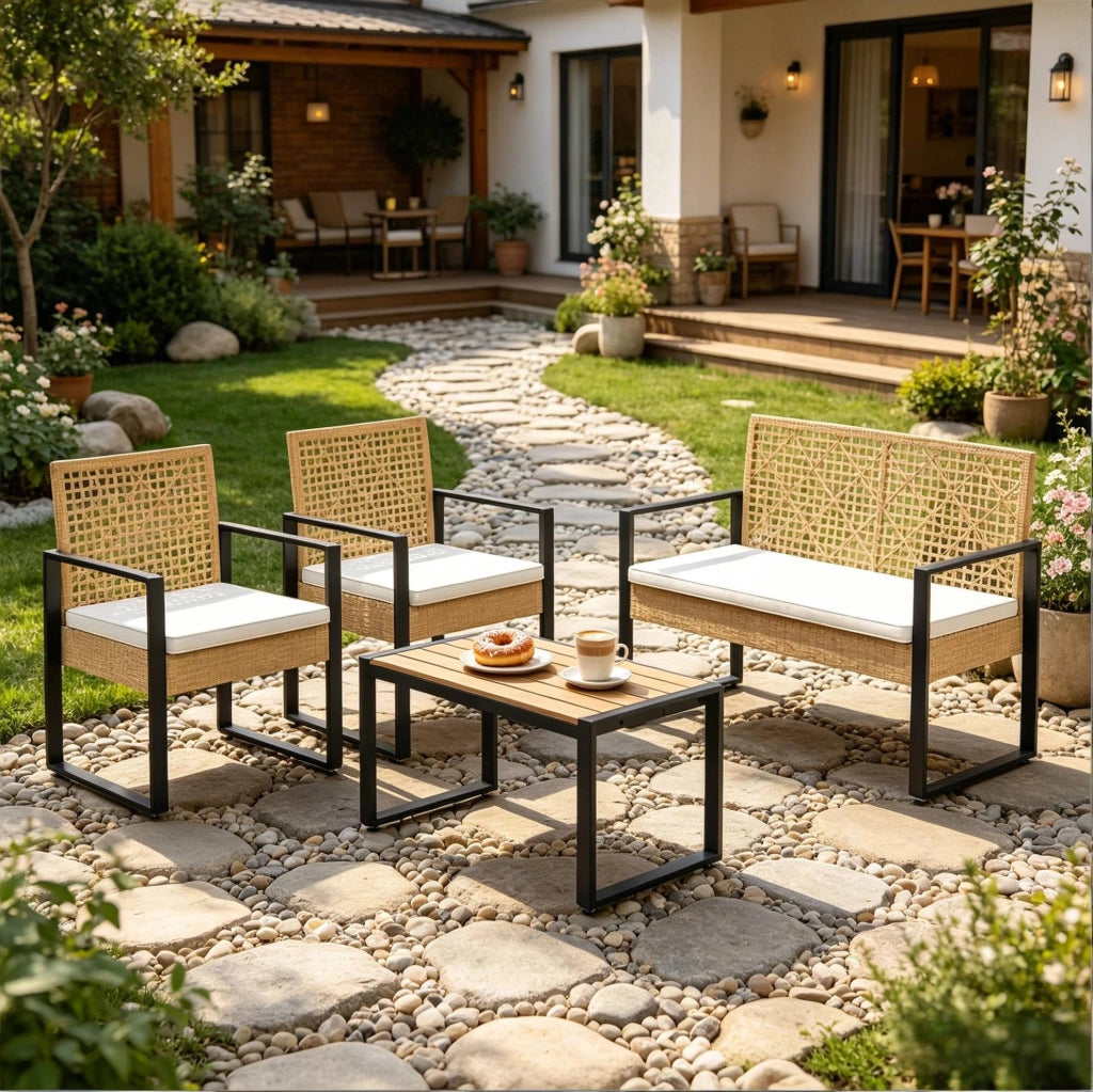 Set mobili da giardino modulari in rattan PE; 2 posti; 2 poltrone e tavolino; naturale