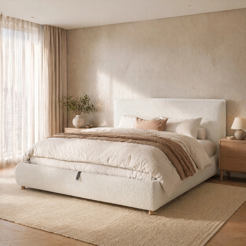 Letto imbottito 180 × 200 cm con contenitore idraulico rete a doghe testiera in bouclé bianco